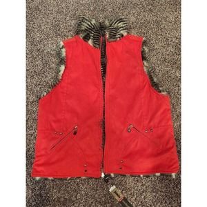 Jamie Sadock Vest Womens Medium Red Textured Faux Fur Reversible Full Zip Golf